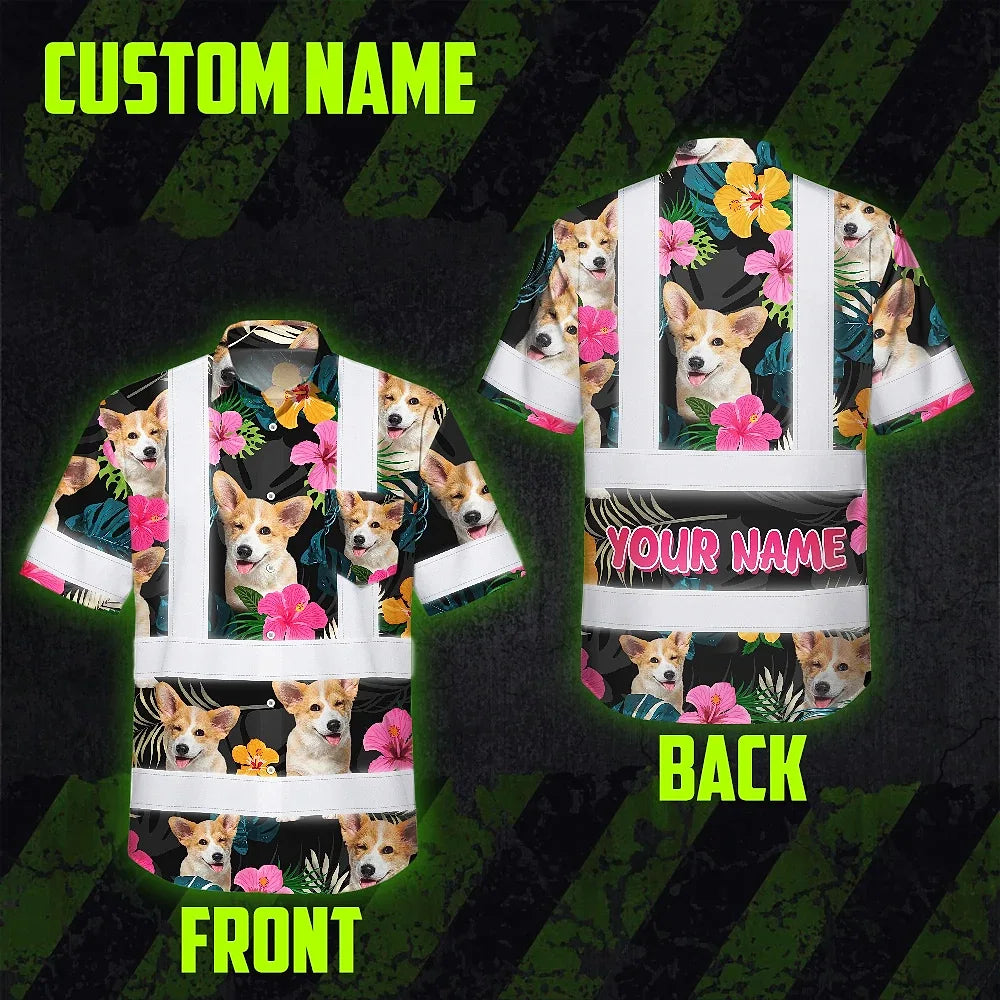 Hi Vis Hawaiian Shirt Reflective Tapes Pink Flowers Custom Name And Pet Image Safety Workwear For Workers, Truckers, Operators