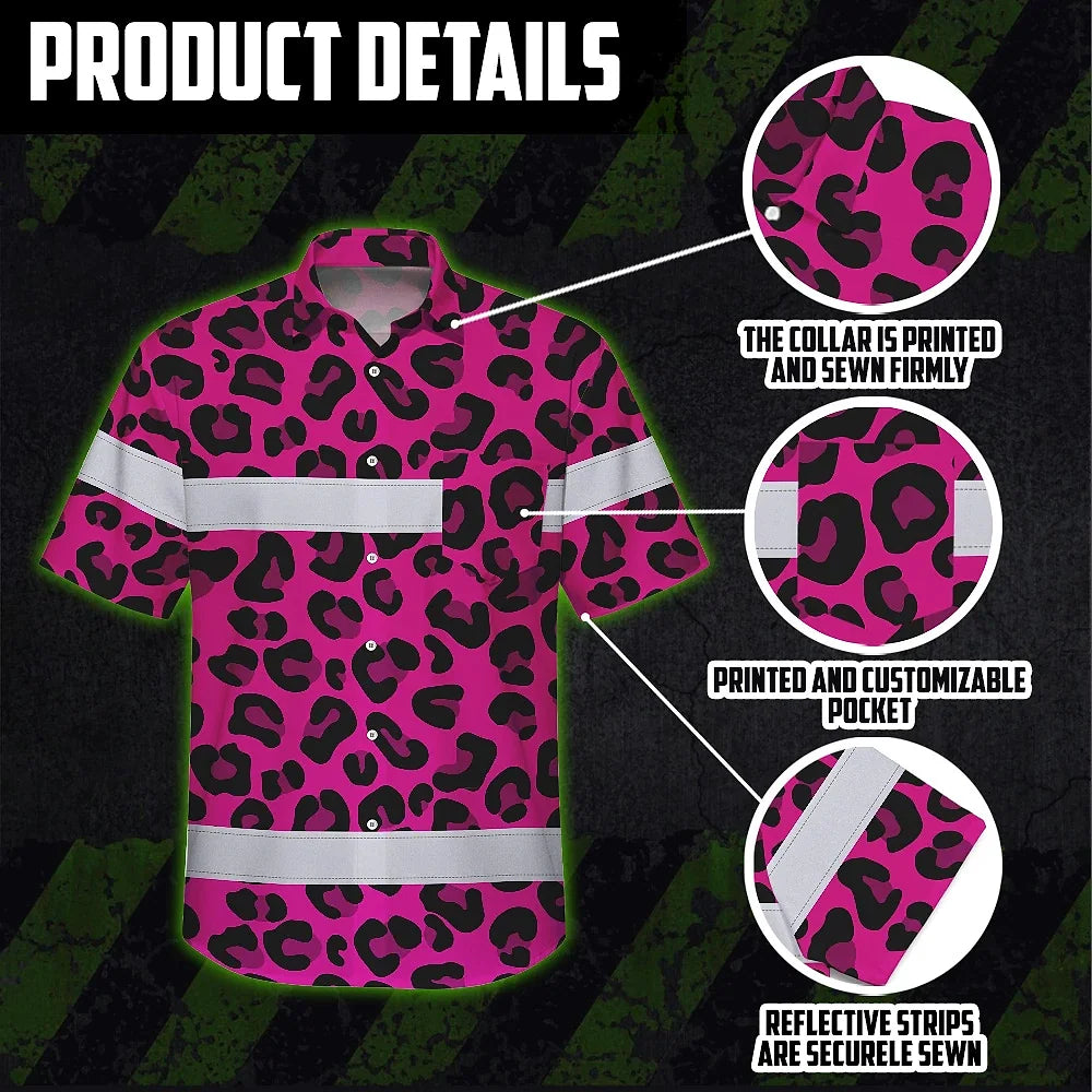 Hi Vis Hawaiian Shirt Reflective Tapes Pink Leopard Custom Name Safety Workwear For Workers, Truckers, Operators