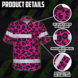 Hi Vis Hawaiian Shirt Reflective Tapes Pink Leopard Custom Name Safety Workwear For Workers, Truckers, Operators