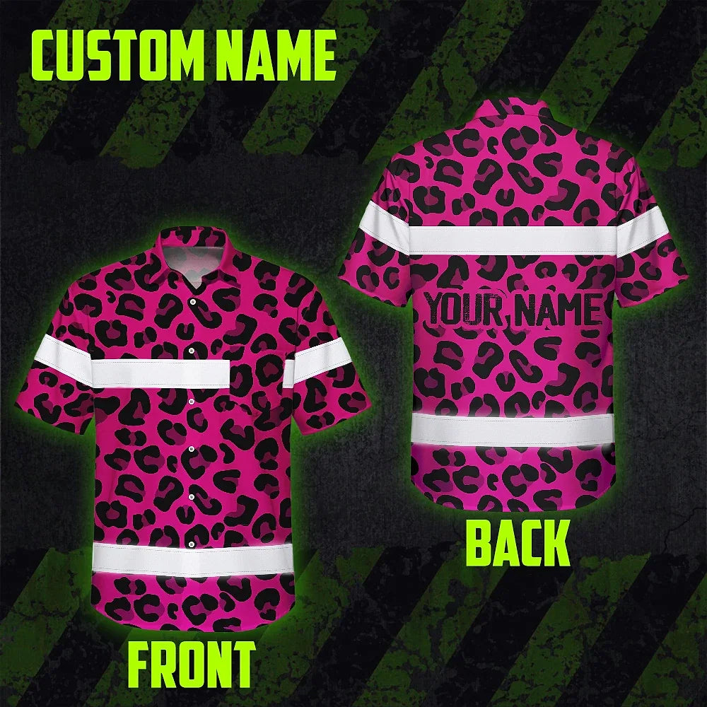 Hi Vis Hawaiian Shirt Reflective Tapes Pink Leopard Custom Name Safety Workwear For Workers, Truckers, Operators