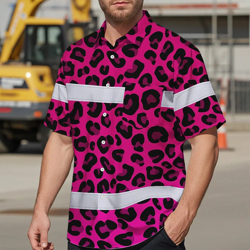 Hi Vis Hawaiian Shirt Reflective Tapes Pink Leopard Custom Name Safety Workwear For Workers, Truckers, Operators
