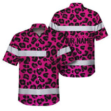 Hi Vis Hawaiian Shirt Reflective Tapes Pink Leopard Custom Name Safety Workwear For Workers, Truckers, Operators