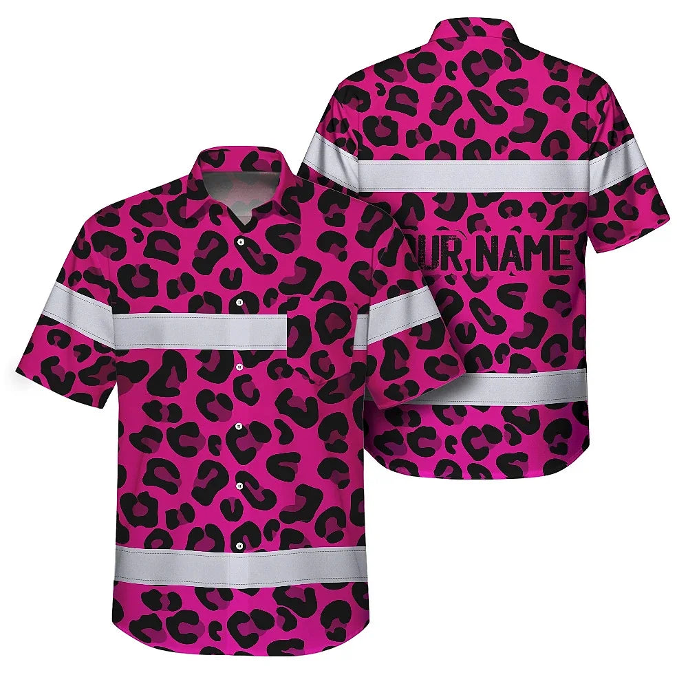 Hi Vis Hawaiian Shirt Reflective Tapes Pink Leopard Custom Name Safety Workwear For Workers, Truckers, Operators