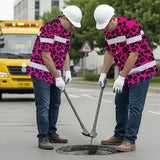 Hi Vis Hawaiian Shirt Reflective Tapes Pink Leopard Custom Name Safety Workwear For Workers, Truckers, Operators
