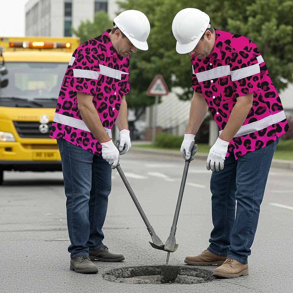 Hi Vis Hawaiian Shirt Reflective Tapes Pink Leopard Custom Name Safety Workwear For Workers, Truckers, Operators