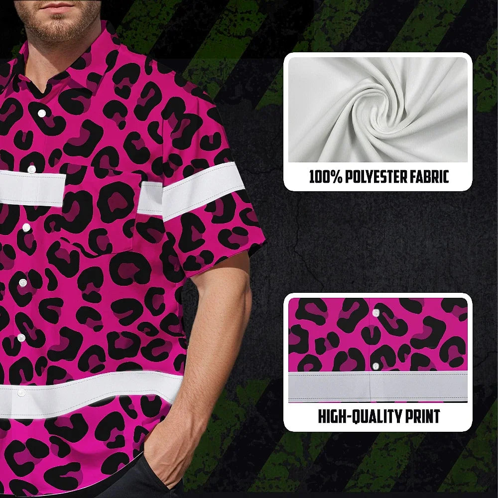 Hi Vis Hawaiian Shirt Reflective Tapes Pink Leopard Custom Name Safety Workwear For Workers, Truckers, Operators