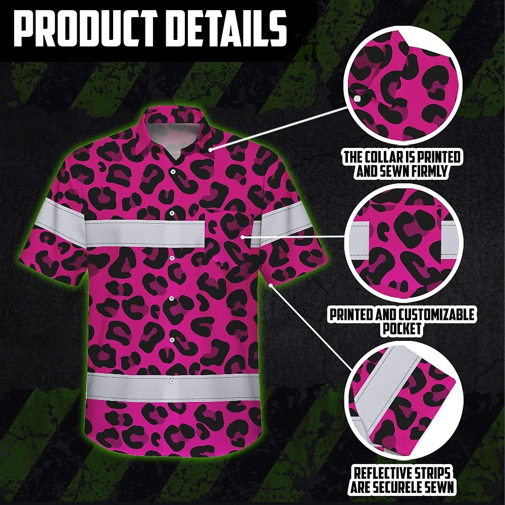 Hi Vis Hawaiian Shirt Reflective Tapes Pink Leopard Safety Workwear For Workers, Truckers, Operators
