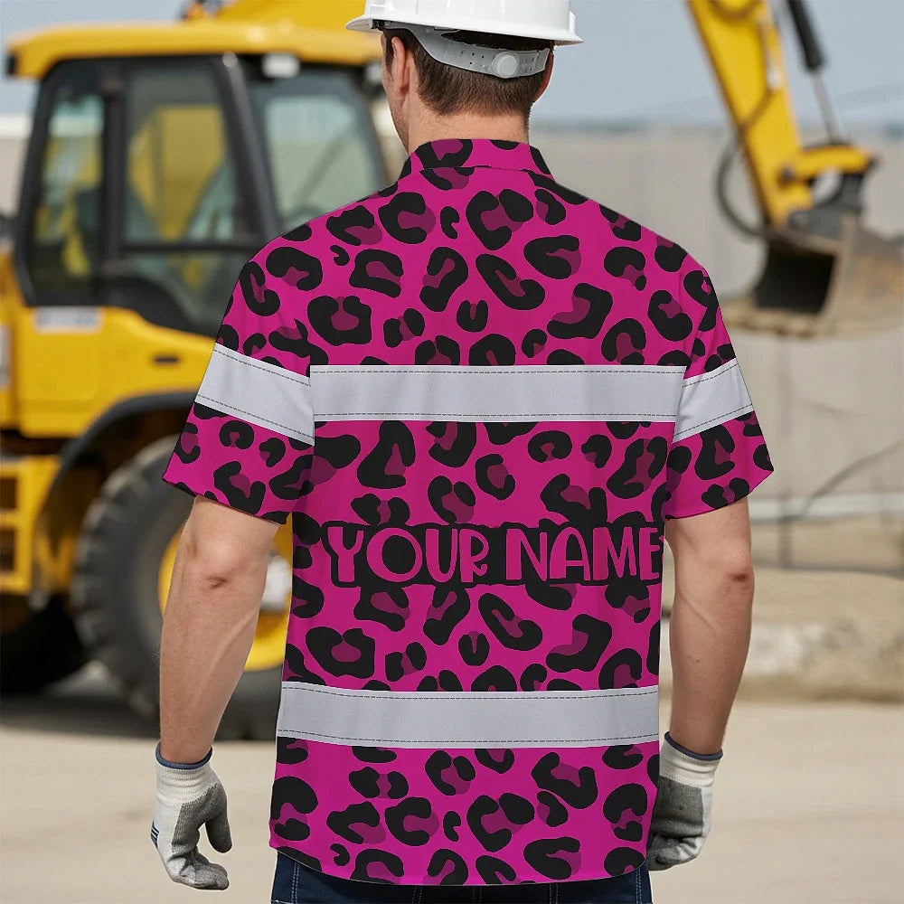 Hi Vis Hawaiian Shirt Reflective Tapes Pink Leopard Safety Workwear For Workers, Truckers, Operators