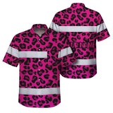 Hi Vis Hawaiian Shirt Reflective Tapes Pink Leopard Safety Workwear For Workers, Truckers, Operators