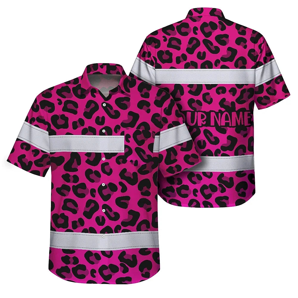 Hi Vis Hawaiian Shirt Reflective Tapes Pink Leopard Safety Workwear For Workers, Truckers, Operators