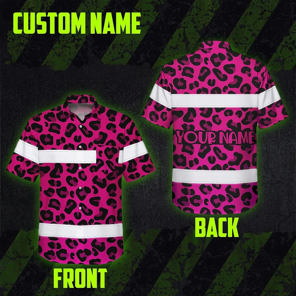 Hi Vis Hawaiian Shirt Reflective Tapes Pink Leopard Safety Workwear For Workers, Truckers, Operators