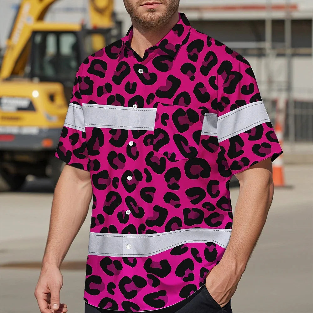 Hi Vis Hawaiian Shirt Reflective Tapes Pink Leopard Safety Workwear For Workers, Truckers, Operators