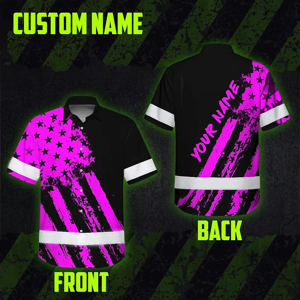 Hi Vis Hawaiian Shirt Reflective Tapes Pink Neon And Black US Flag