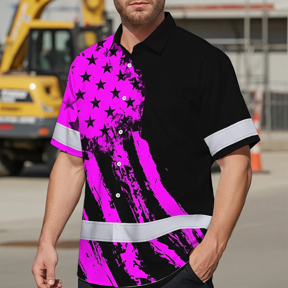 Hi Vis Hawaiian Shirt Reflective Tapes Pink Neon And Black US Flag