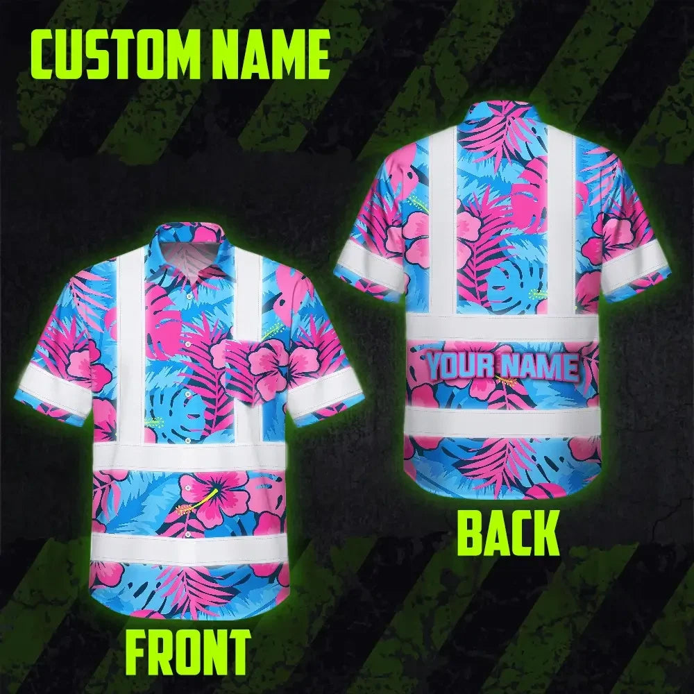 Choose Pack Hi Vis Hawaiian Shirt Reflective Tapes Pink Neon And Blue Flowers Custom Name Safety Workwear For Workers, Truckers, Operators