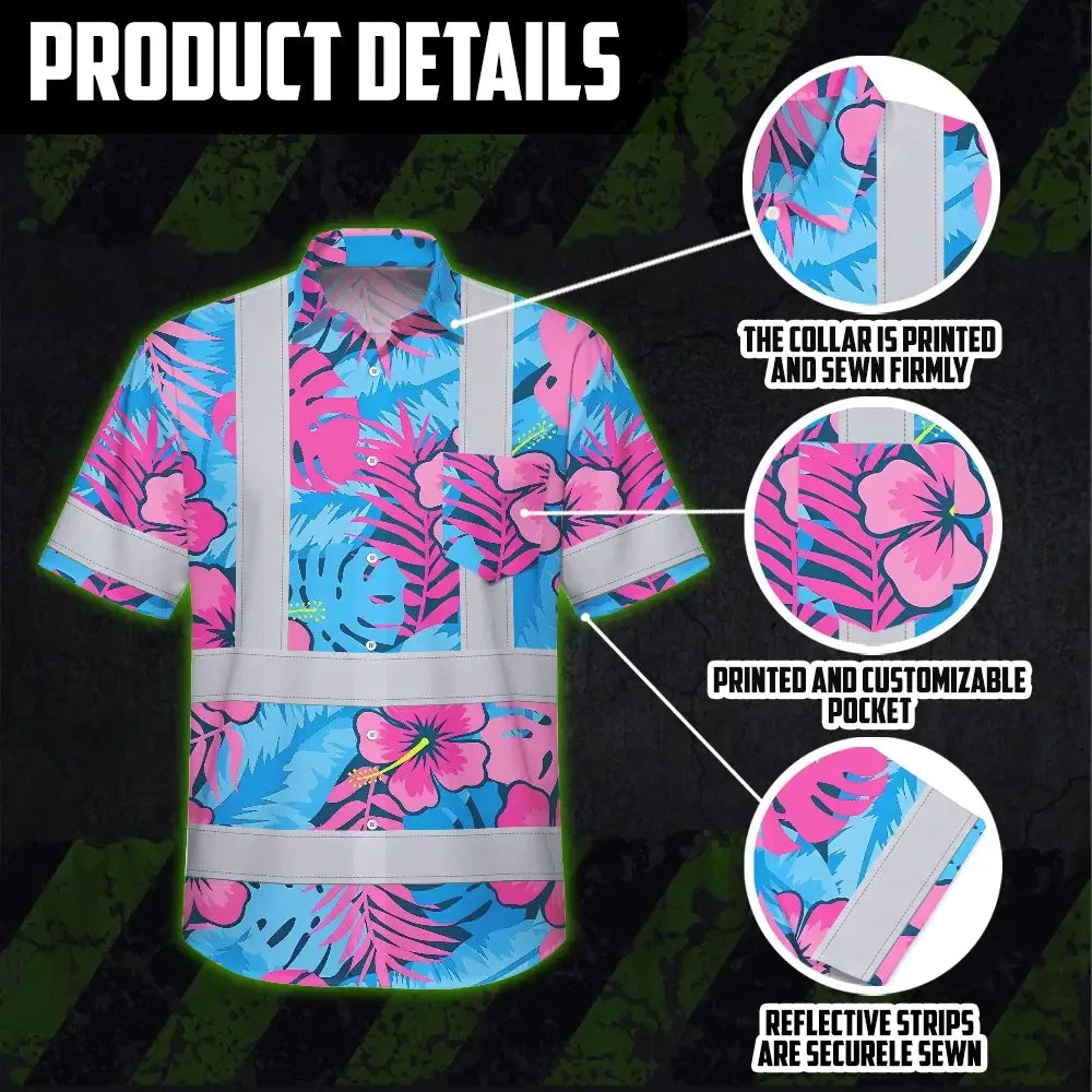 Hi Vis Hawaiian Shirt Reflective Tapes Pink Neon And Blue Flowers Custom Name Safety Workwear For Workers, Truckers, Operators