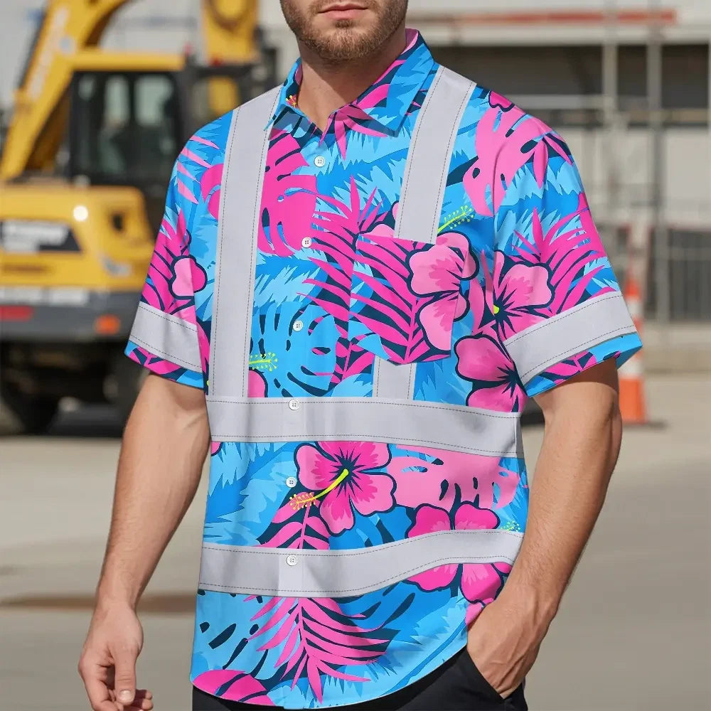 Choose Pack Hi Vis Hawaiian Shirt Reflective Tapes Pink Neon And Blue Flowers Custom Name Safety Workwear For Workers, Truckers, Operators