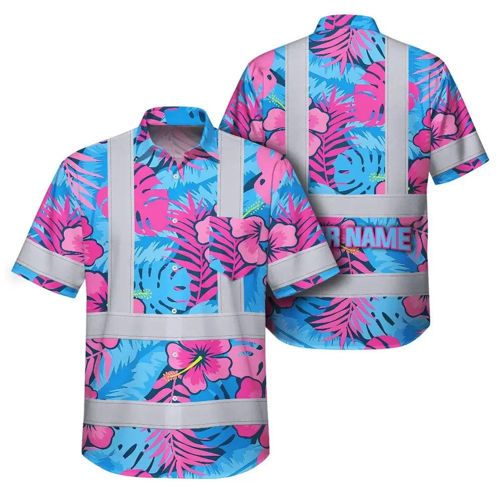 Choose Pack Hi Vis Hawaiian Shirt Reflective Tapes Pink Neon And Blue Flowers Custom Name Safety Workwear For Workers, Truckers, Operators