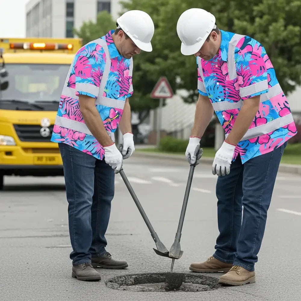 Choose Pack Hi Vis Hawaiian Shirt Reflective Tapes Pink Neon And Blue Flowers Custom Name Safety Workwear For Workers, Truckers, Operators