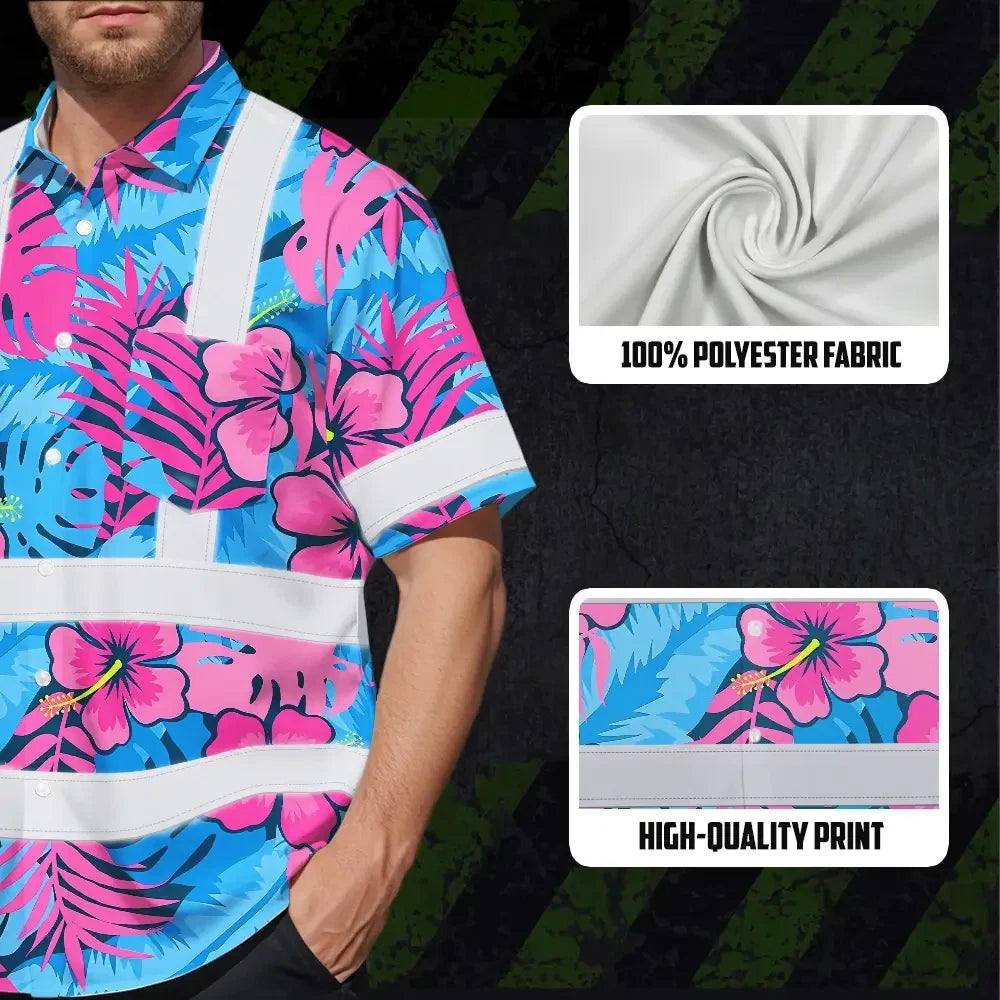 Choose Pack Hi Vis Hawaiian Shirt Reflective Tapes Pink Neon And Blue Flowers Custom Name Safety Workwear For Workers, Truckers, Operators