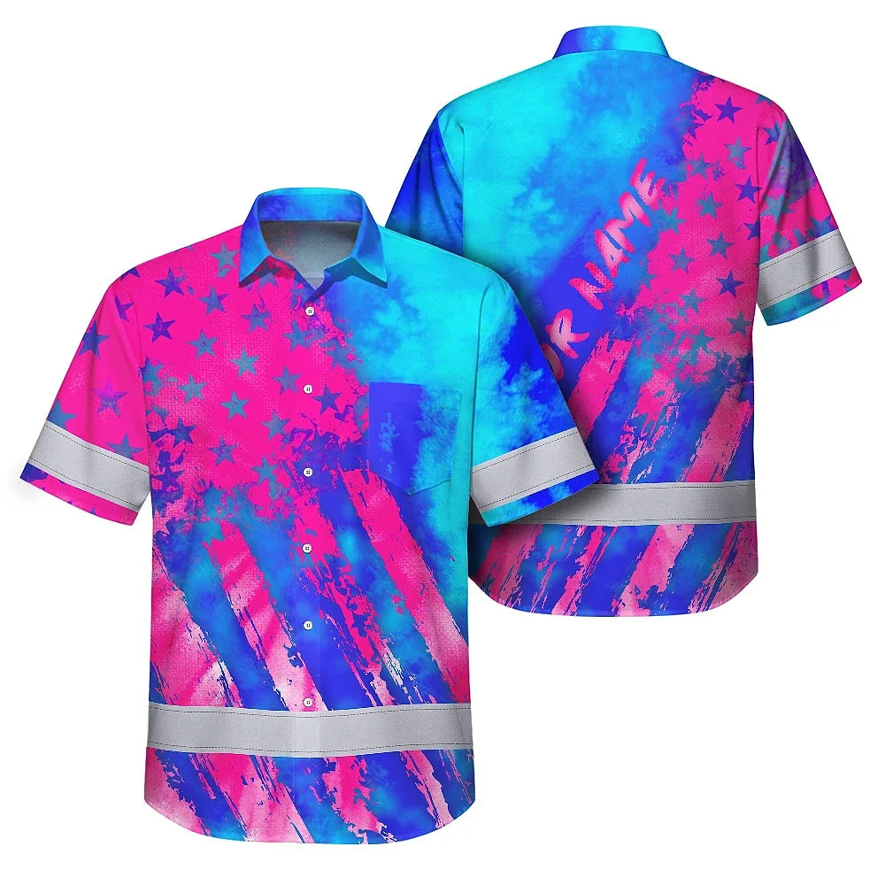 Hi Vis Hawaiian Shirt Reflective Tapes Pink Neon And Blue US Flag Custom