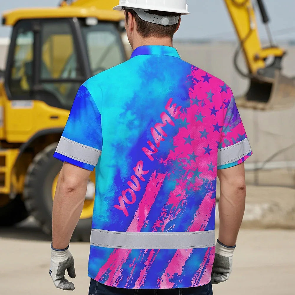 Hi Vis Hawaiian Shirt Reflective Tapes Pink Neon And Blue US Flag Custom