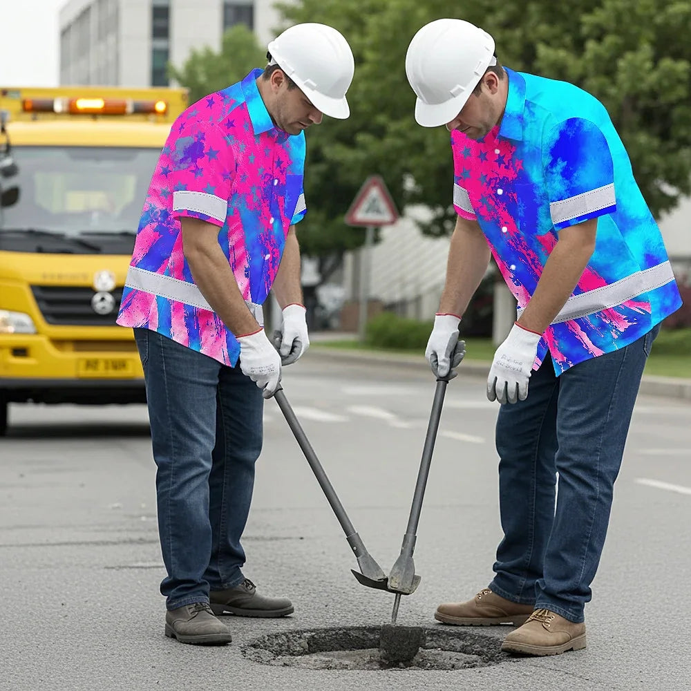 Hi Vis Hawaiian Shirt Reflective Tapes Pink Neon And Blue US Flag Custom