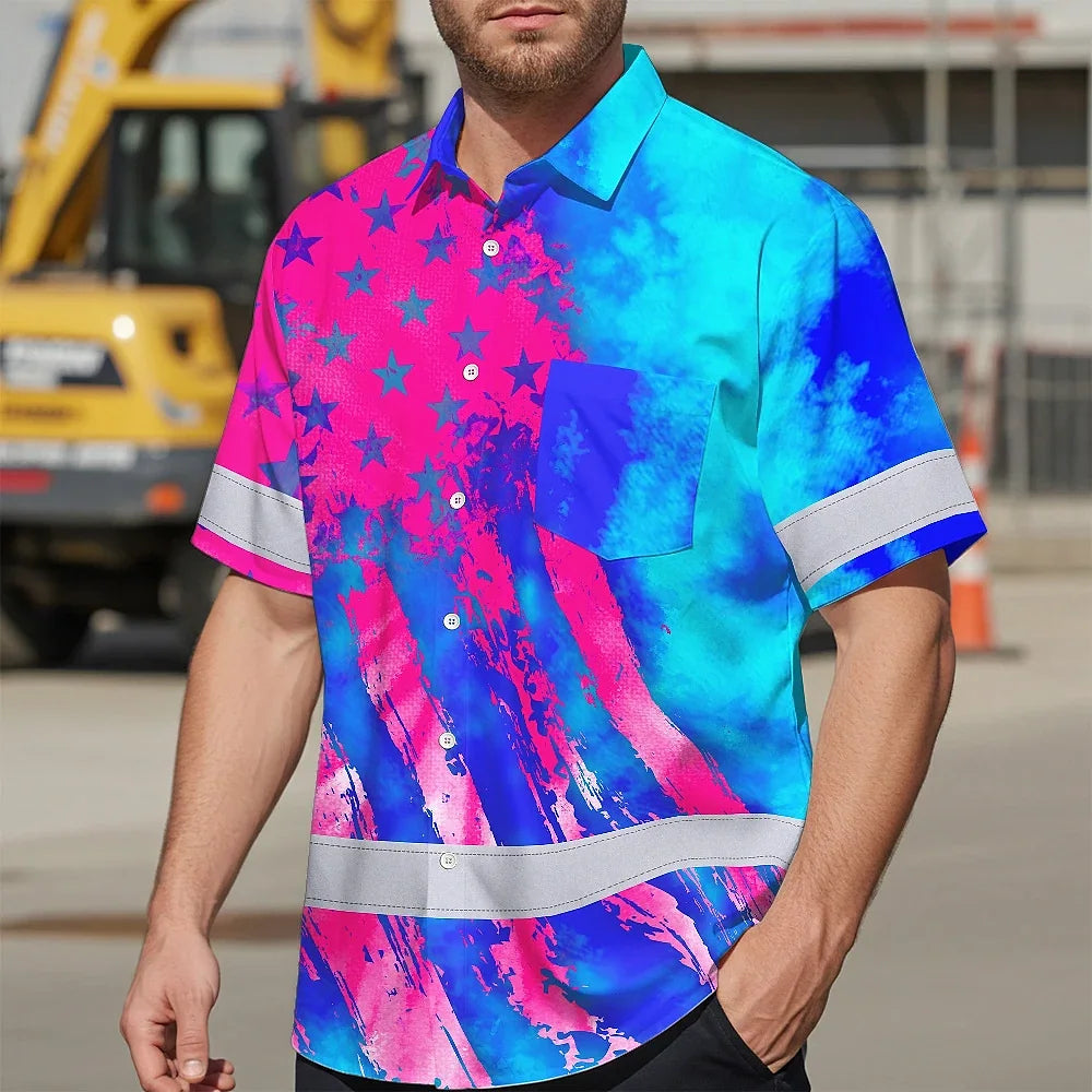 Hi Vis Hawaiian Shirt Reflective Tapes Pink Neon And Blue US Flag Custom