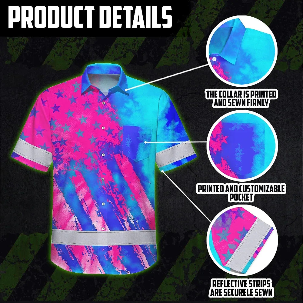 Hi Vis Hawaiian Shirt Reflective Tapes Pink Neon And Blue US Flag Custom
