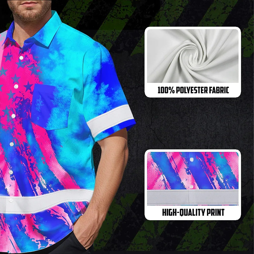 Hi Vis Hawaiian Shirt Reflective Tapes Pink Neon And Blue US Flag Custom