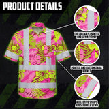 Choose Pack Hi Vis Hawaiian Shirt Reflective Tapes Pink Neon And Lime Flowers Custom Name Safety Workwear For Workers, Truckers, Operators