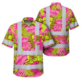 Choose Pack Hi Vis Hawaiian Shirt Reflective Tapes Pink Neon And Lime Flowers Custom Name Safety Workwear For Workers, Truckers, Operators