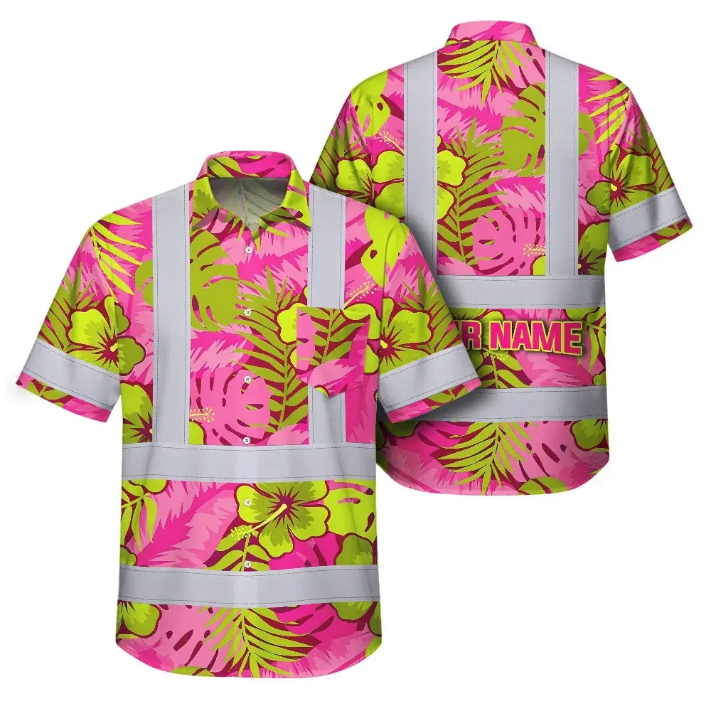 Choose Pack Hi Vis Hawaiian Shirt Reflective Tapes Pink Neon And Lime Flowers Custom Name Safety Workwear For Workers, Truckers, Operators