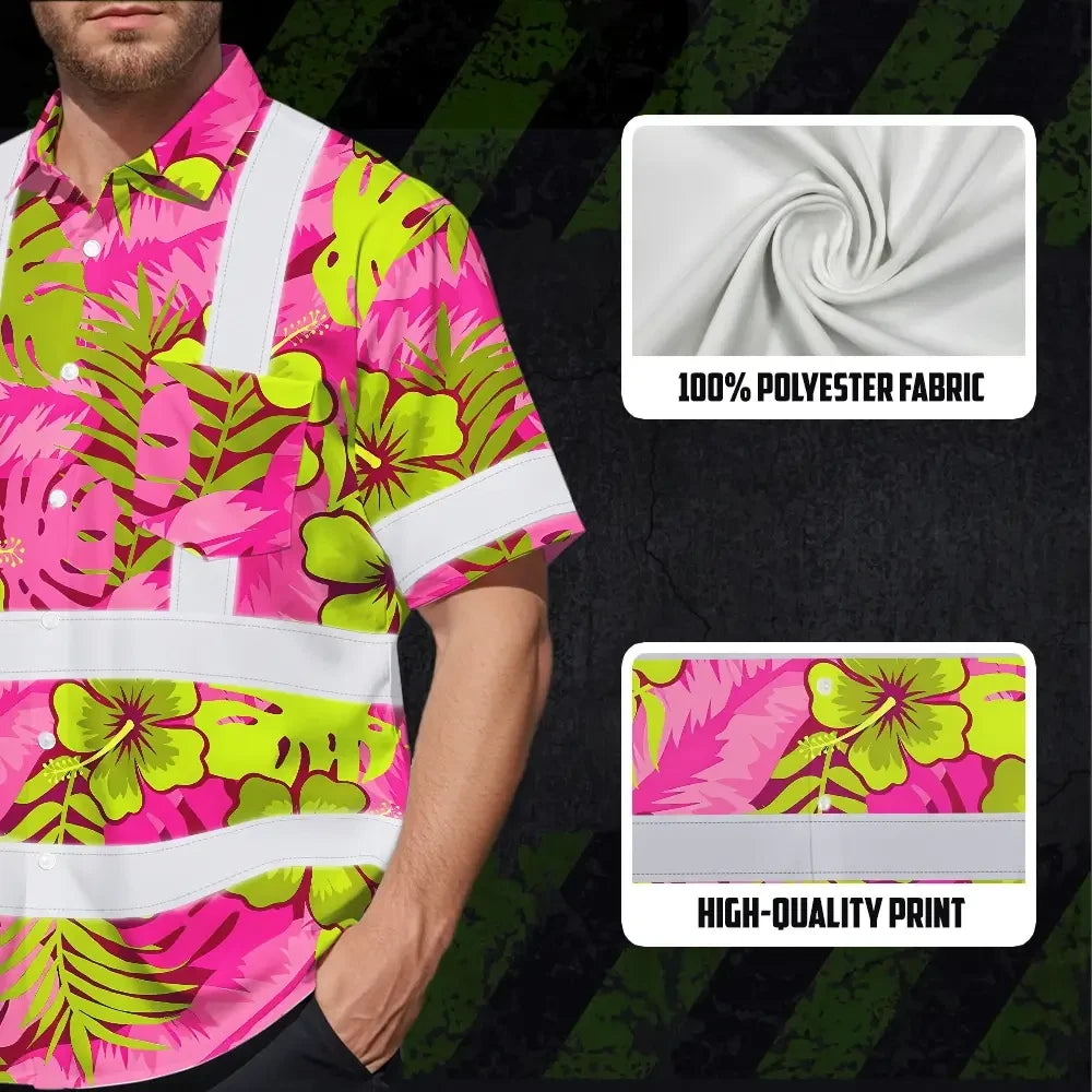 Choose Pack Hi Vis Hawaiian Shirt Reflective Tapes Pink Neon And Lime Flowers Custom Name Safety Workwear For Workers, Truckers, Operators