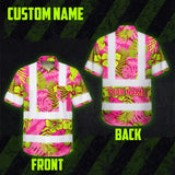 Choose Pack Hi Vis Hawaiian Shirt Reflective Tapes Pink Neon And Lime Flowers Custom Name Safety Workwear For Workers, Truckers, Operators
