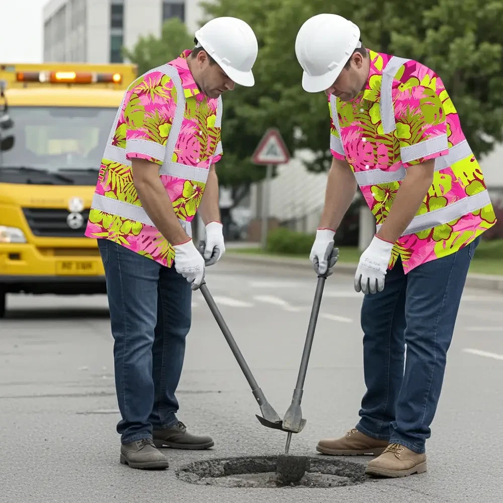 Choose Pack Hi Vis Hawaiian Shirt Reflective Tapes Pink Neon And Lime Flowers Custom Name Safety Workwear For Workers, Truckers, Operators