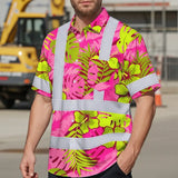 Choose Pack Hi Vis Hawaiian Shirt Reflective Tapes Pink Neon And Lime Flowers Custom Name Safety Workwear For Workers, Truckers, Operators