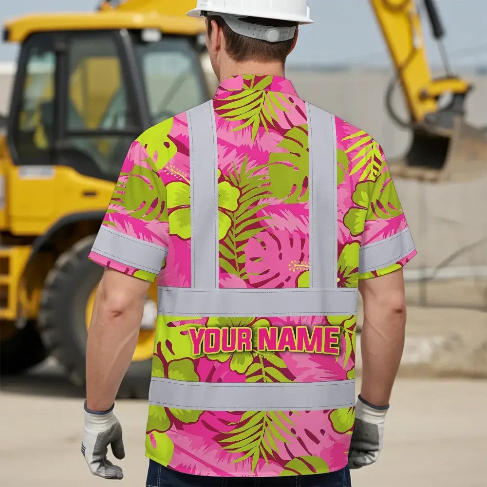 Choose Pack Hi Vis Hawaiian Shirt Reflective Tapes Pink Neon And Lime Flowers Custom Name Safety Workwear For Workers, Truckers, Operators