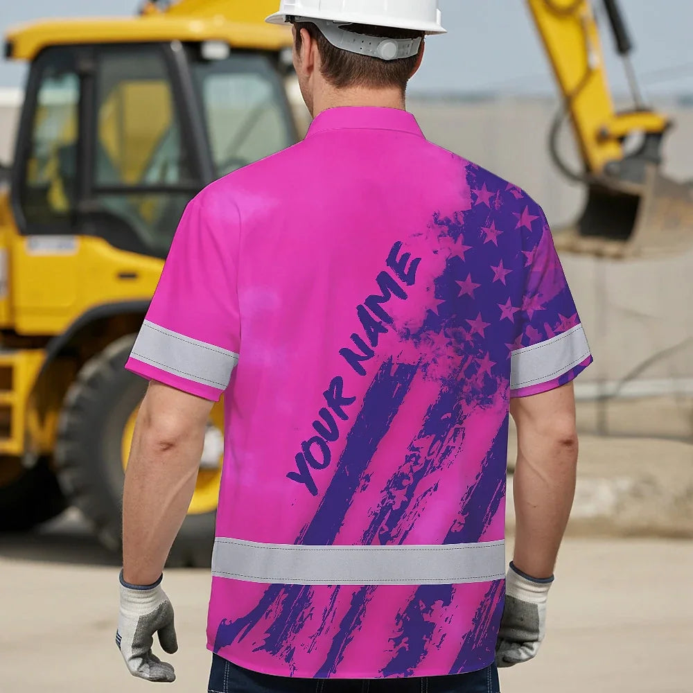 Hi Vis Hawaiian Shirt Reflective Tapes Pink Neon And Violet US Flag Custom Name