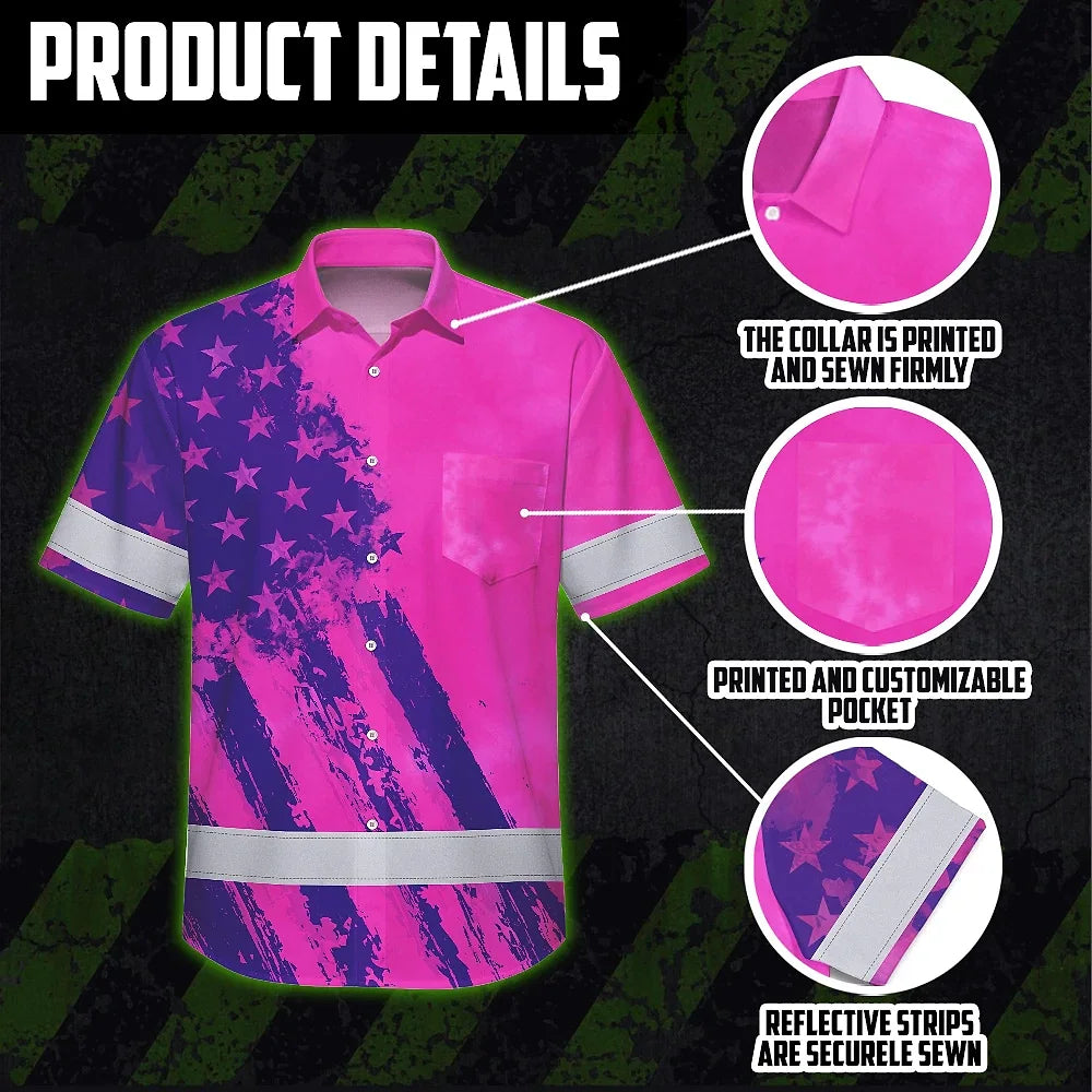 Hi Vis Hawaiian Shirt Reflective Tapes Pink Neon And Violet US Flag Custom Name