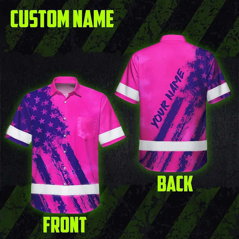 Hi Vis Hawaiian Shirt Reflective Tapes Pink Neon And Violet US Flag Custom Name