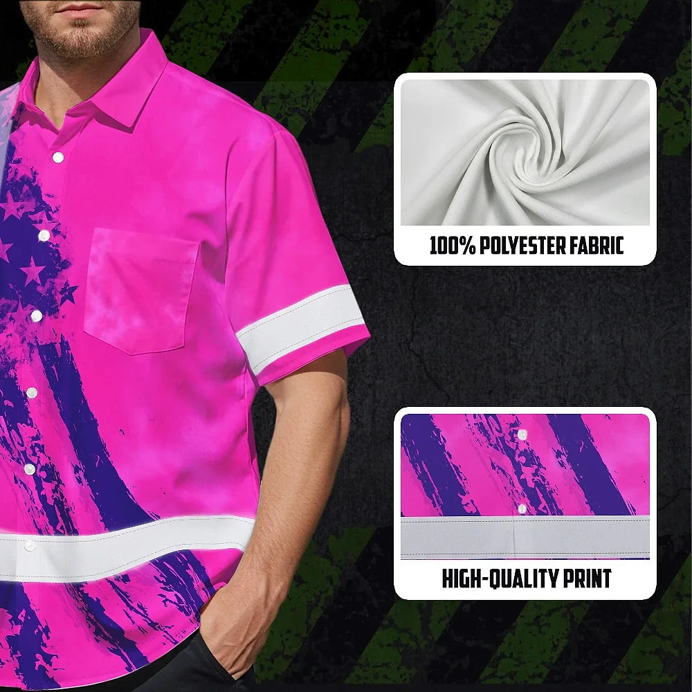 Hi Vis Hawaiian Shirt Reflective Tapes Pink Neon And Violet US Flag Custom Name