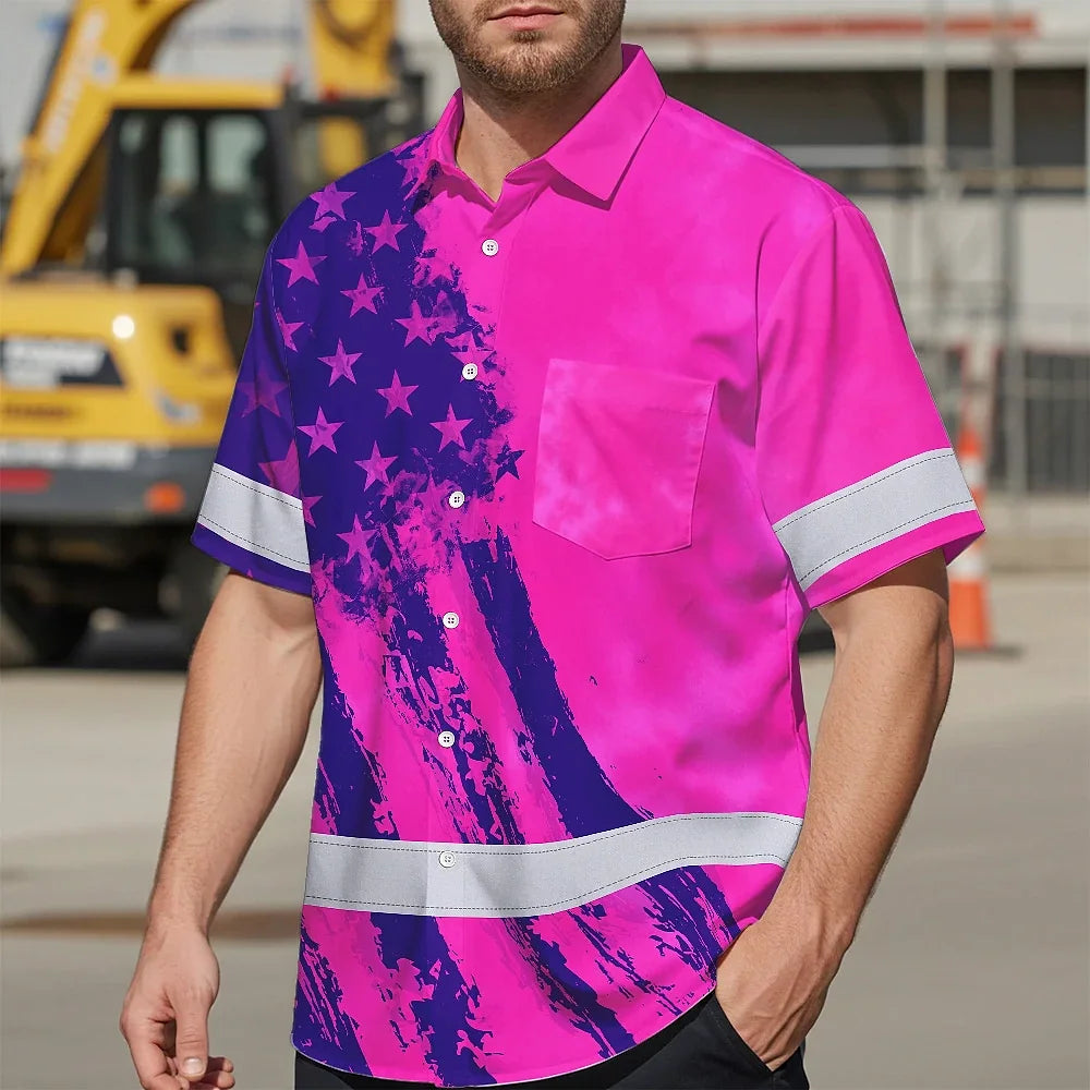 Hi Vis Hawaiian Shirt Reflective Tapes Pink Neon And Violet US Flag Custom Name