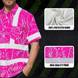 Hi Vis Hawaiian Shirt Reflective Tapes Pink Neon And White Flowers Custom Name Safety Workwear For Workers, Truckers, Operators
