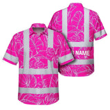 Hi Vis Hawaiian Shirt Reflective Tapes Pink Neon And White Flowers Custom Name Safety Workwear For Workers, Truckers, Operators