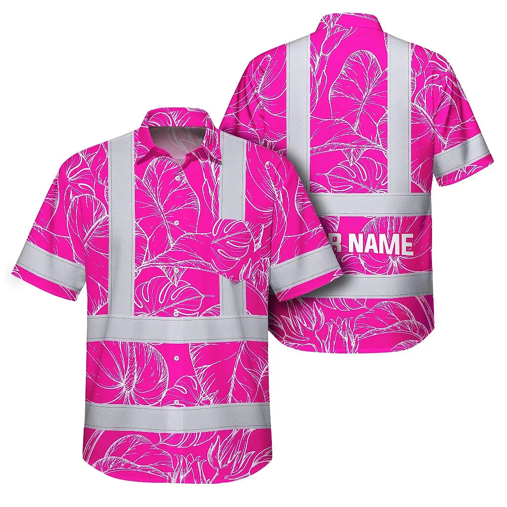 Hi Vis Hawaiian Shirt Reflective Tapes Pink Neon And White Flowers Custom Name Safety Workwear For Workers, Truckers, Operators