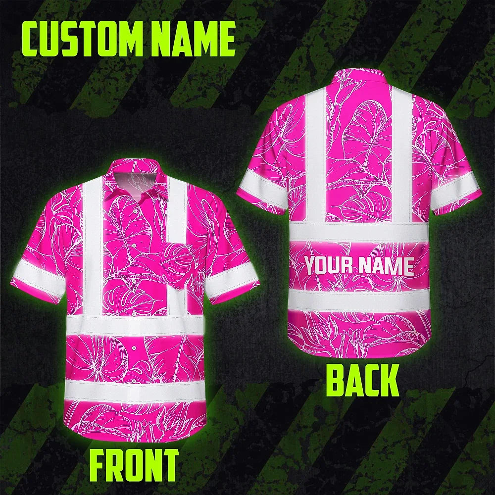 Hi Vis Hawaiian Shirt Reflective Tapes Pink Neon And White Flowers Custom Name Safety Workwear For Workers, Truckers, Operators