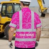 Hi Vis Hawaiian Shirt Reflective Tapes Pink Neon And White Flowers Custom Name Safety Workwear For Workers, Truckers, Operators