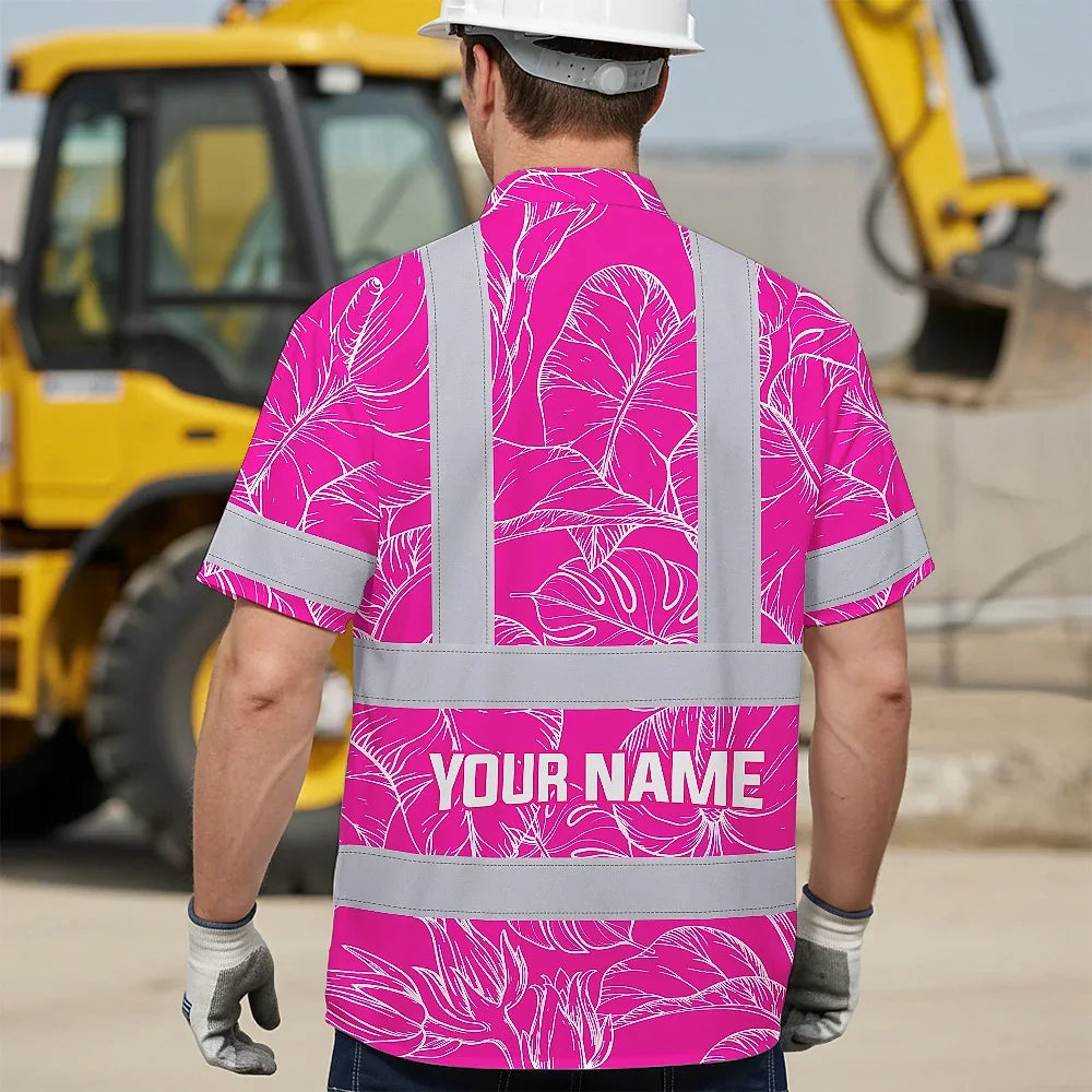 Hi Vis Hawaiian Shirt Reflective Tapes Pink Neon And White Flowers Custom Name Safety Workwear For Workers, Truckers, Operators
