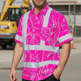 Hi Vis Hawaiian Shirt Reflective Tapes Pink Neon And White Flowers Custom Name Safety Workwear For Workers, Truckers, Operators